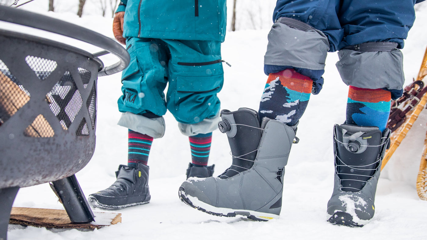 Up close on model Featuring our Over the calf ski and snowboard socks in boots