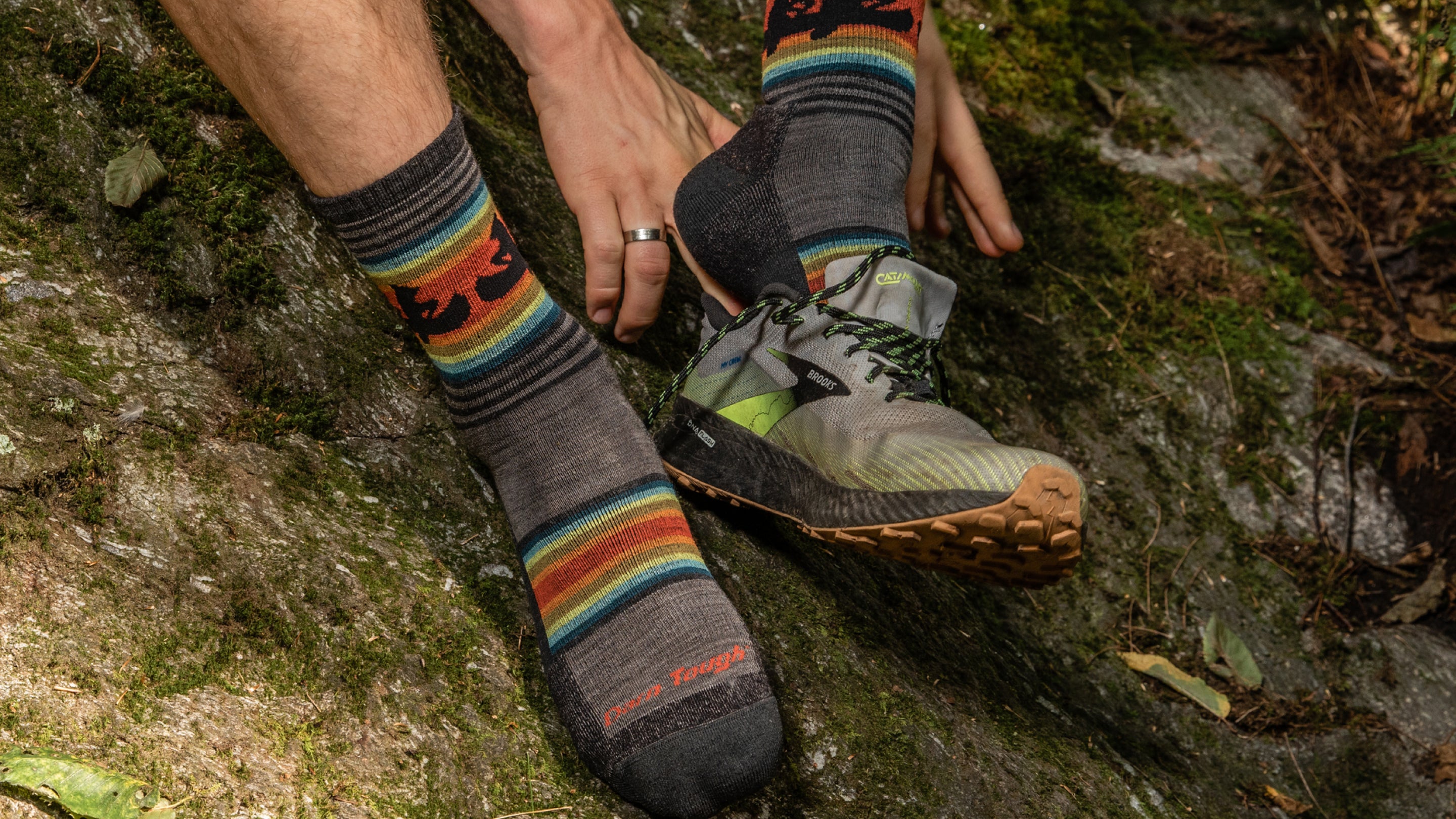 Close up on model Featuring Men's Willoughby Micro Crew Hiking sock